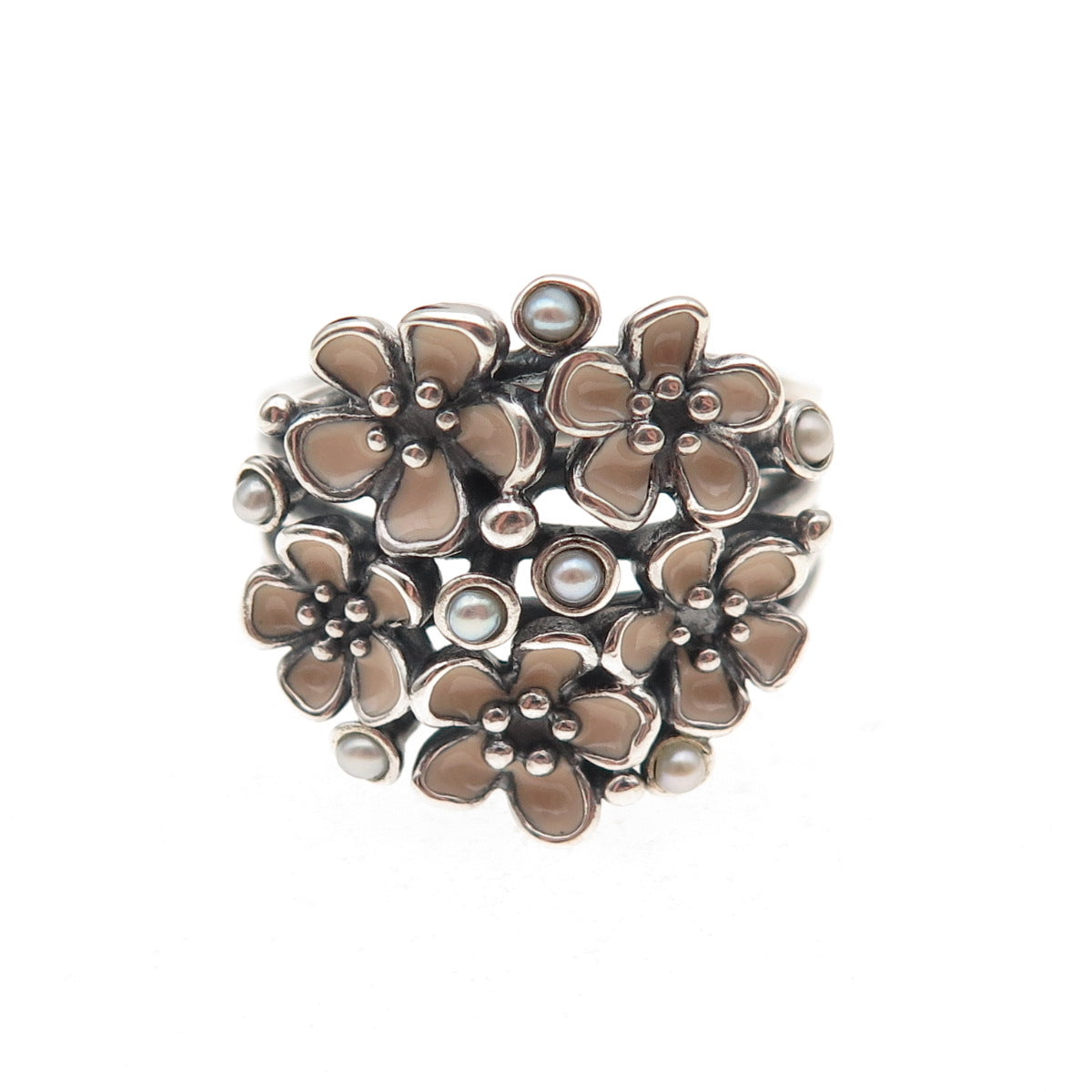 Pandora Sterling Silver Enamel Real Pearl Cherry Blossom Bouquet Ring Size 5.5