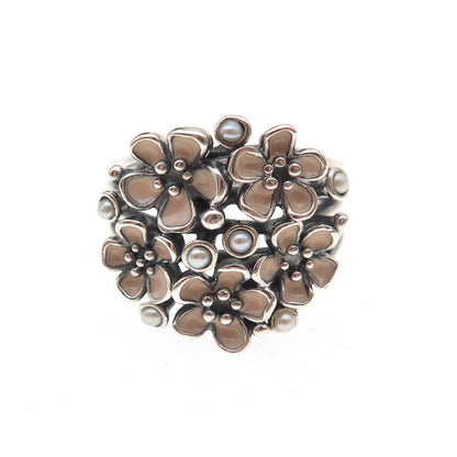 Pandora Sterling Silver Enamel Real Pearl Cherry Blossom Bouquet Ring Size 5.5