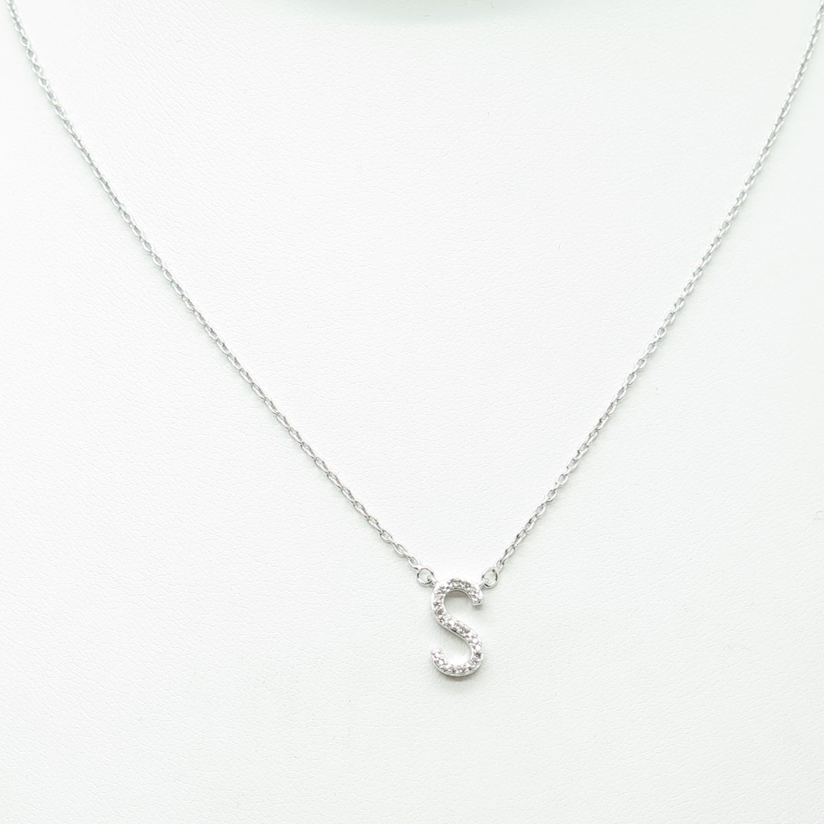 SUN 925 Sterling Silver Real Diamond Letter "S" Cable Chain Necklace 16-18"