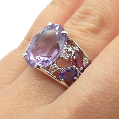 925 Sterling Silver Real Purple & Pink Amethyst & C Z Cluster Ring Size 6.75
