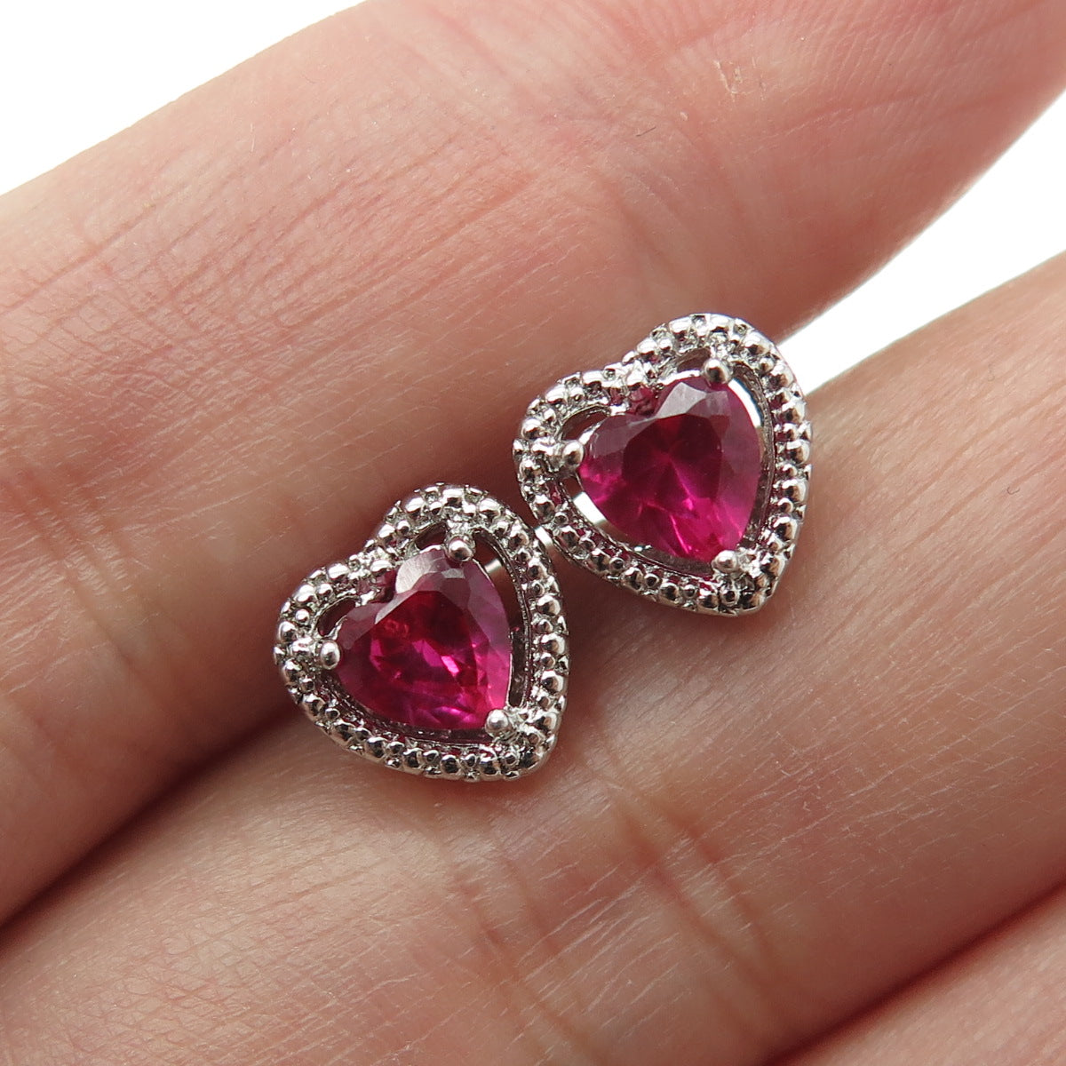 925 Sterling Silver Lab-Created Ruby Heart Stud Earrings