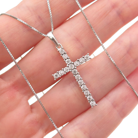 925 Sterling Silver Real Round-Cut Diamond Cross Box Chain Necklace 18"