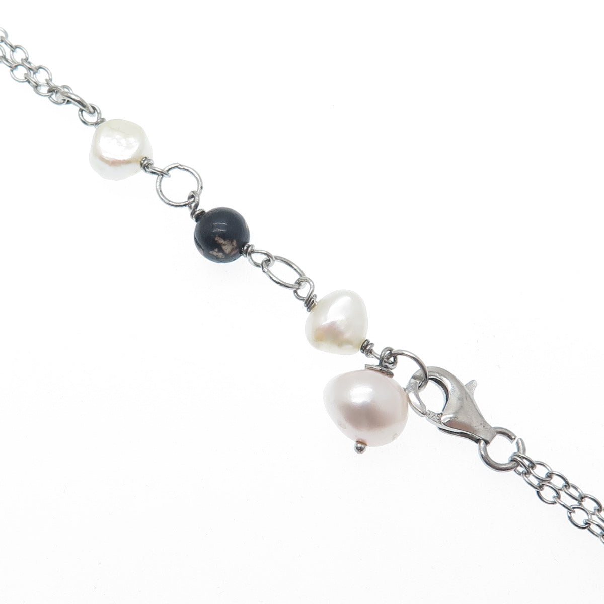 925 Sterling Silver Vintage Real Pearl Quartz & Rhodonite Tassel Necklace 16-18"