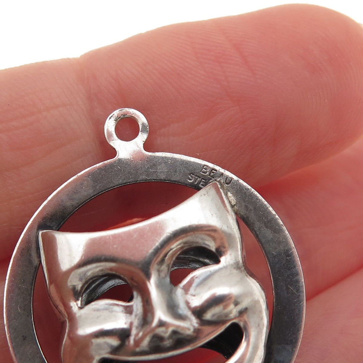 Beau 925 Sterling Antique Art Deco Comedy Tragedy Mask Dual Sided Charm Pendant
