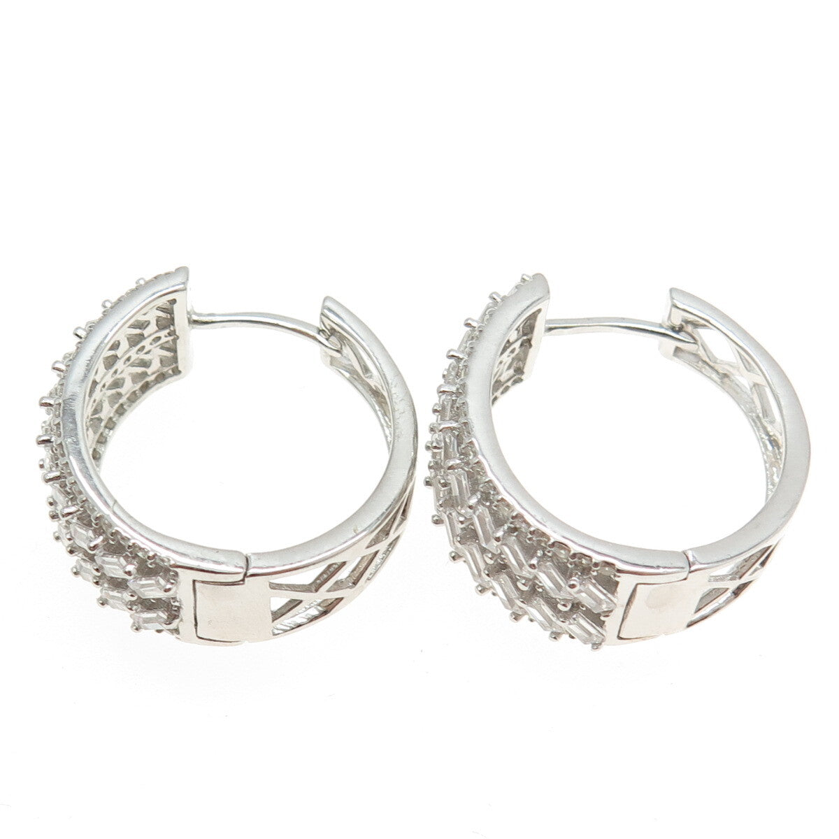 925 Sterling Silver Round & Baguette-Cut C Z Hoop Earrings