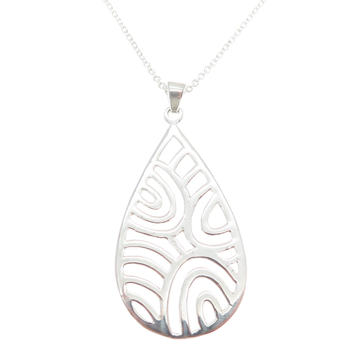 925 Sterling Silver Italy Modernist Ornate Teardrop Cable Chain Necklace 18"