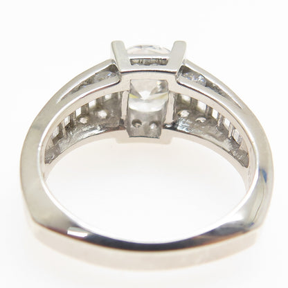 925 Sterling Silver Round & Emerald-Cut C Z Engagement Ring Size 7