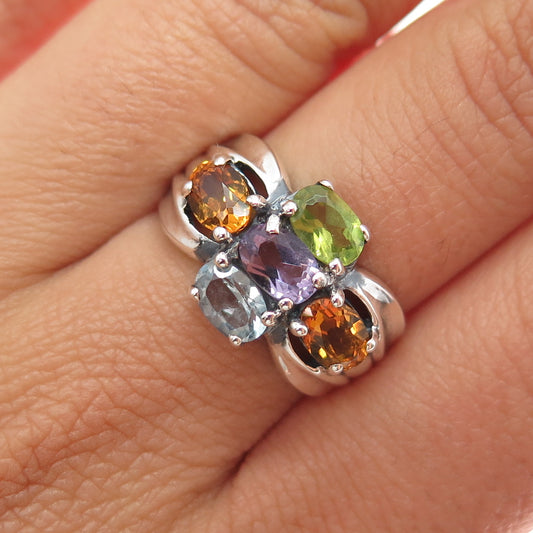 925 Sterling Silver Vintage Blue Topaz Amethyst Peridot & Citrine Ring Size 7.25