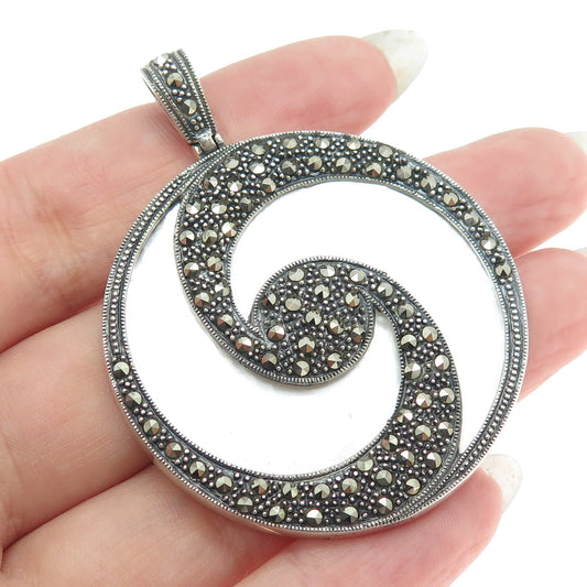 925 Sterling Silver Vintage Real MOP & Marcasite Spiral Round Pendant