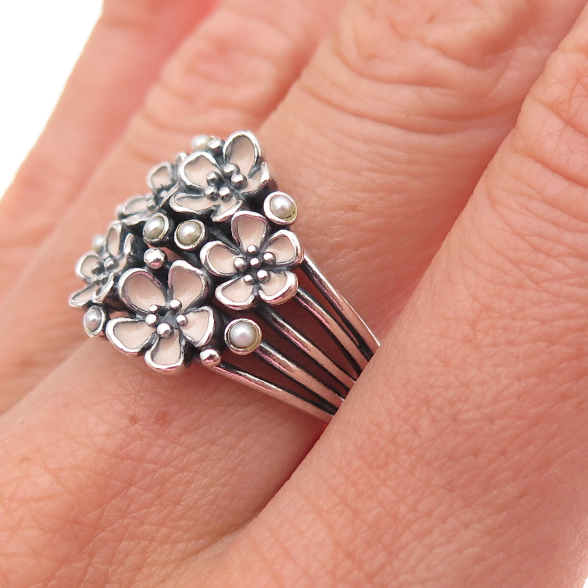 Pandora 925 Sterling Silver Enamel Real Pearl Cherry Blossom Bouquet Ring Size 7