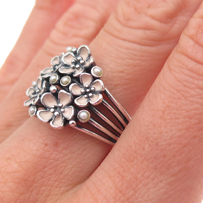Pandora 925 Sterling Silver Enamel Real Pearl Cherry Blossom Bouquet Ring Size 7