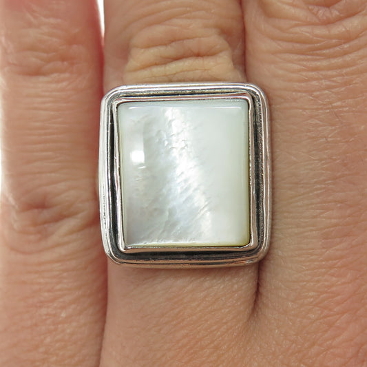 925 Sterling Silver Vintage Real Mother-of-Pearl Modernist Ring Size 6