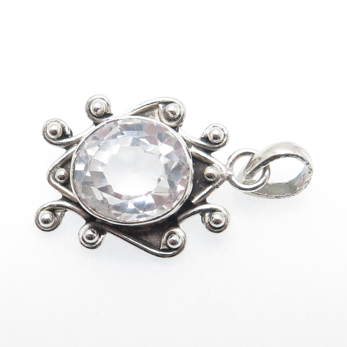 925 Sterling Silver Vintage Real Clear Quartz Beaded Oxidized Charm Pendant