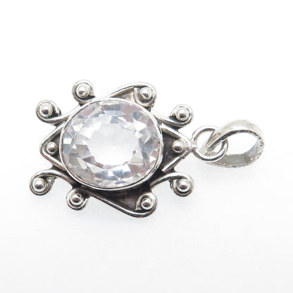925 Sterling Silver Vintage Real Clear Quartz Beaded Oxidized Charm Pendant