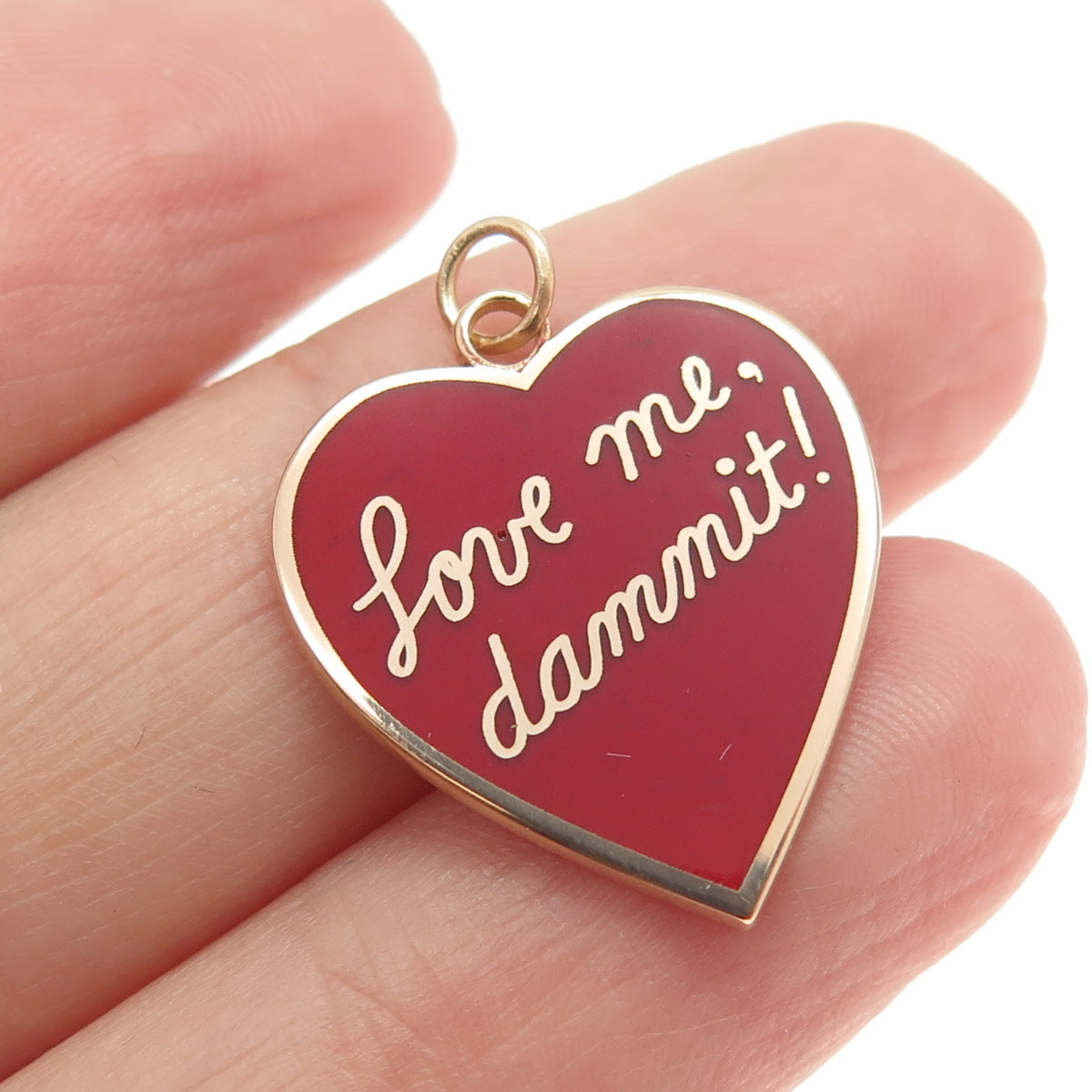 925 Sterling Silver Rose Gold Plated Enamel "Love Me, Dammit!" Heart Tag Pendant