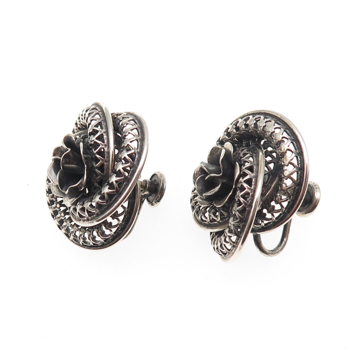 DANECRAFT Sterling Silver Antique Art Deco Flower Oxidized Screw Back Earrings