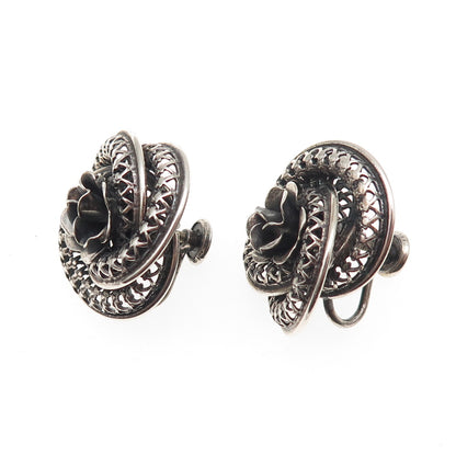 DANECRAFT Sterling Silver Antique Art Deco Flower Oxidized Screw Back Earrings