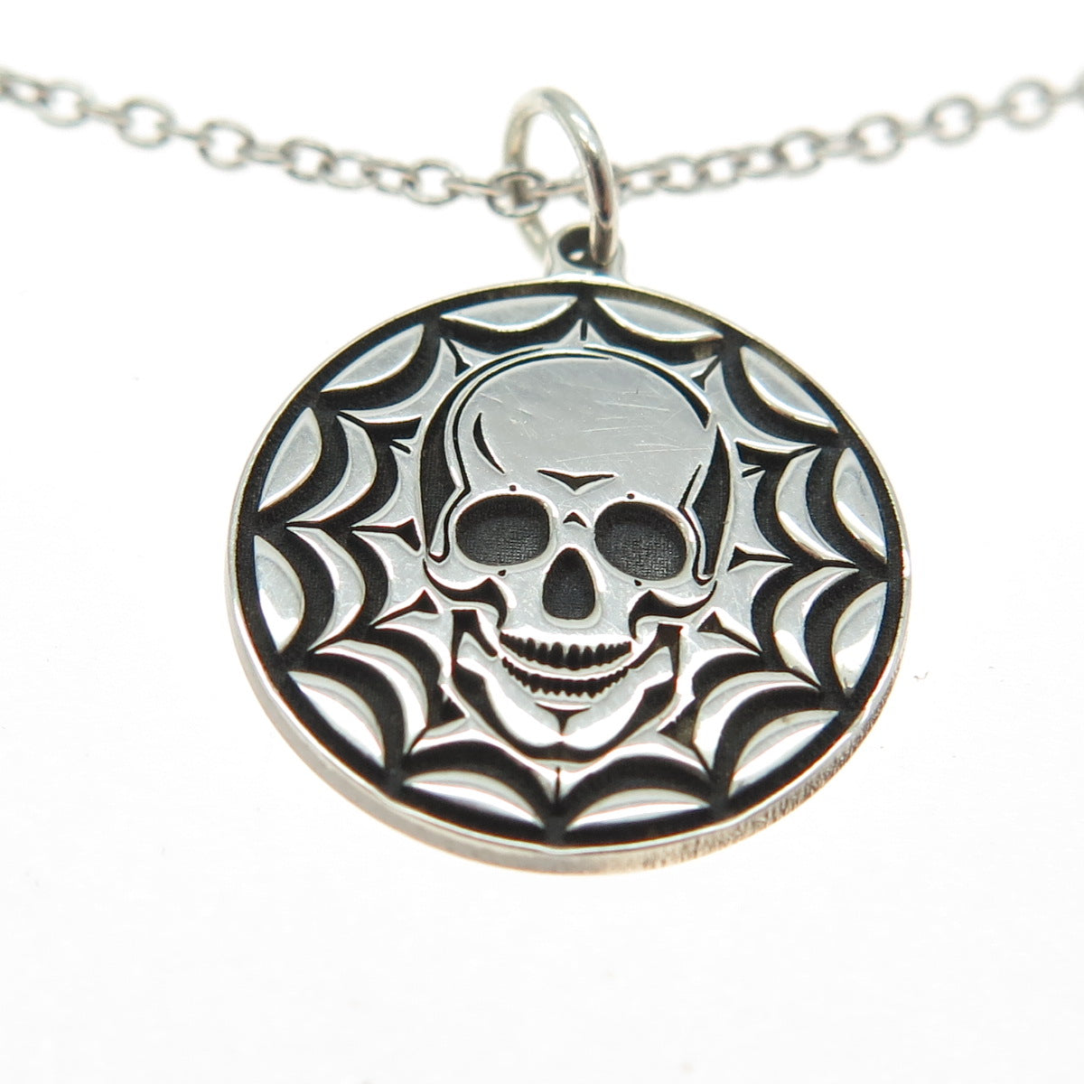 925 Sterling Silver Skull Spider Web Round Pendant Cable Chain Necklace 18"