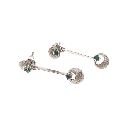 925 Sterling Silver Vintage Green Rhinestone Modernist Oxidized Dangle Earrings
