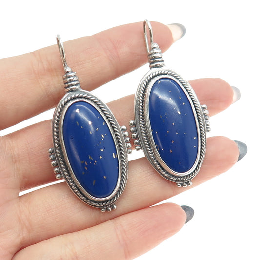 925 Sterling Silver Vintage Real Lapis Lazuli Oval Earrings