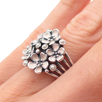 Pandora 925 Sterling Silver Enamel Real Pearl Cherry Blossom Bouquet Ring Size 6