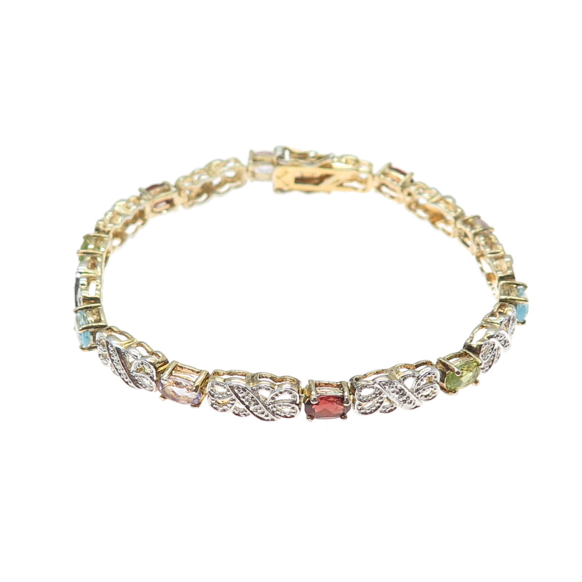HAN 925 Sterling Silver Gold Plated Diamond Topaz Peridot Garnet Bracelet 7.25"