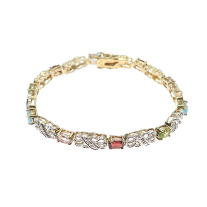 HAN 925 Sterling Silver Gold Plated Diamond Topaz Peridot Garnet Bracelet 7.25"