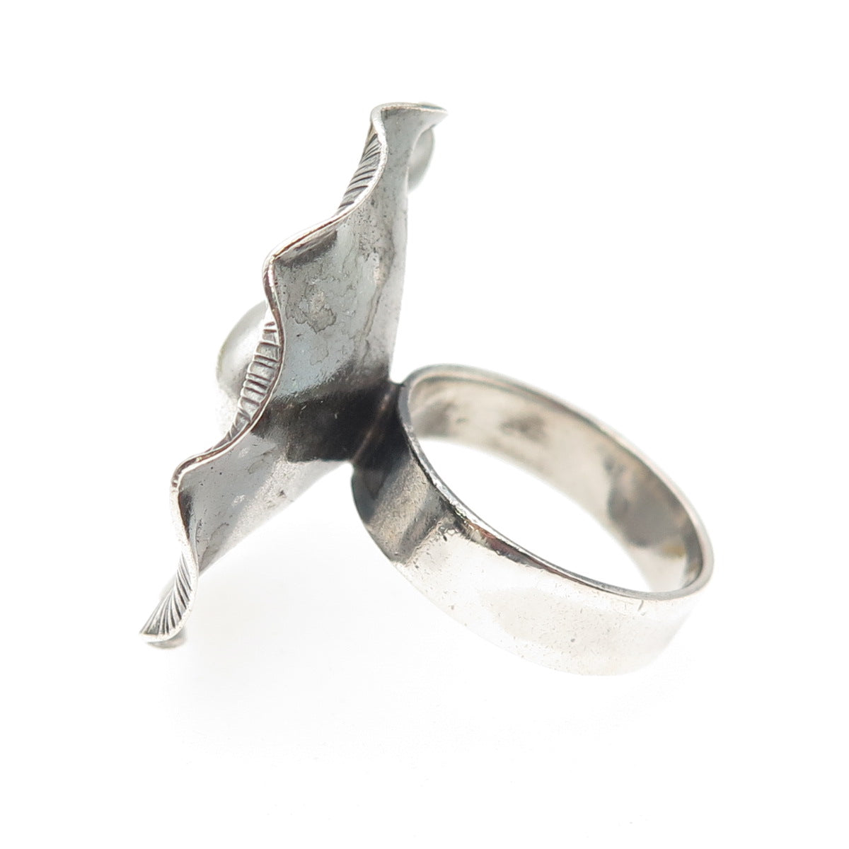 925 Sterling Silver Vintage Modernist Flower Statement Oxidized Ring Size 8.75