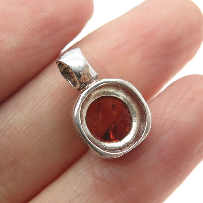 925 Sterling Silver Vintage Real Amber Cushion Minimalist Pendant