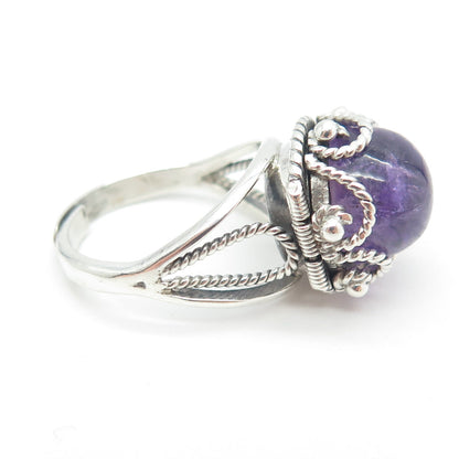 925 Sterling Silver Vintage Mexico Real Amethyst Gem Adjustable Ring Size 6.5