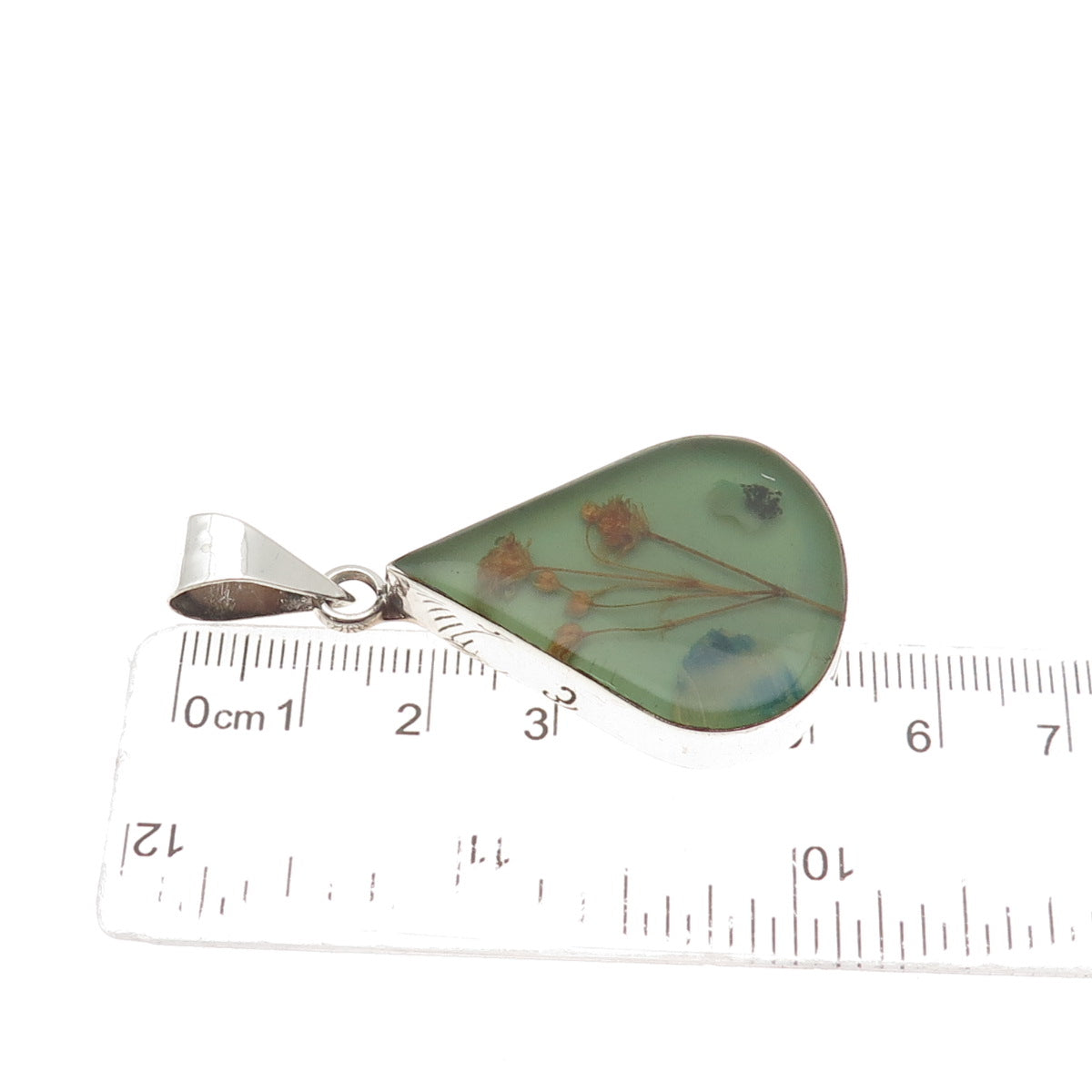 925 Sterling Silver Vintage Mexico Enamel Pressed Flowers Teardrop Pendant