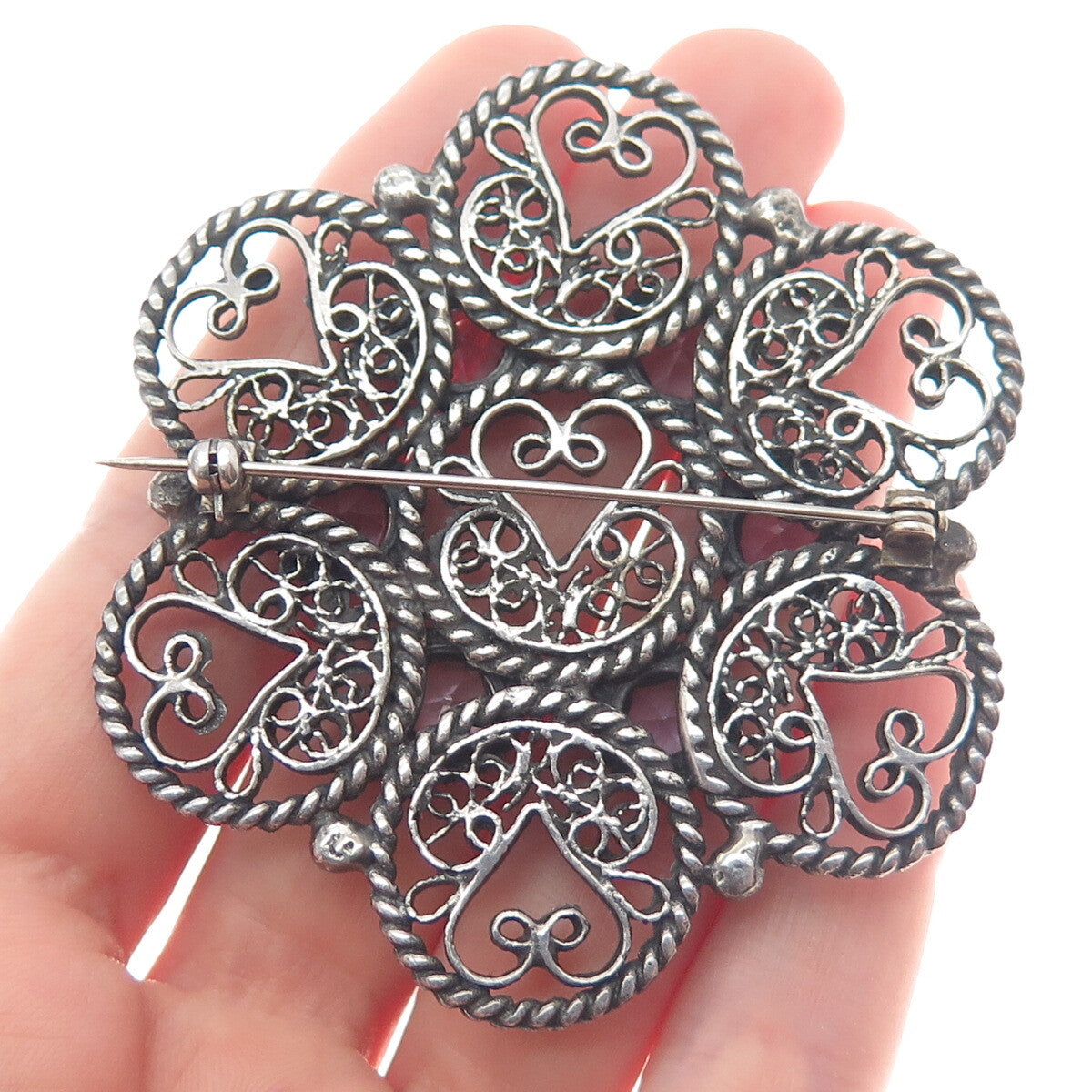 925 Sterling Silver Antique Real Amethyst Filigree Flower Heart Oxidized Brooch