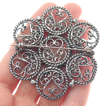 925 Sterling Silver Antique Real Amethyst Filigree Flower Heart Oxidized Brooch