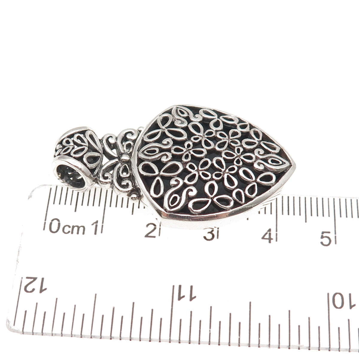 925 Sterling Silver Vintage Mexico Floral Ornate Oxidized Slide Charm Pendant