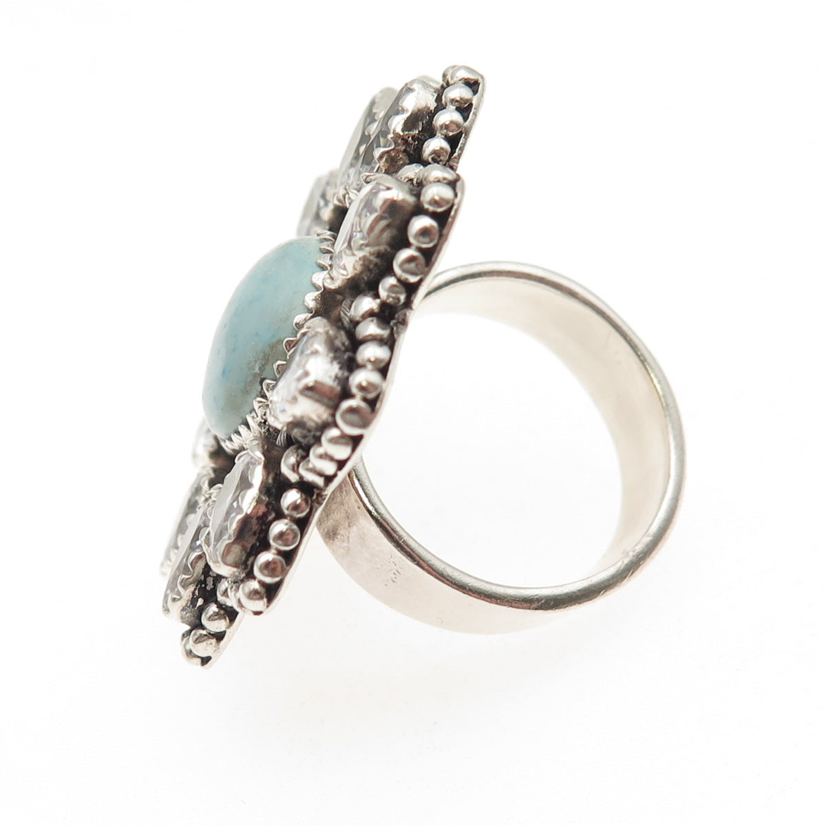925 Sterling Vintage Real Turquoise & C Z Statement Adjustable Ring Size 7.5