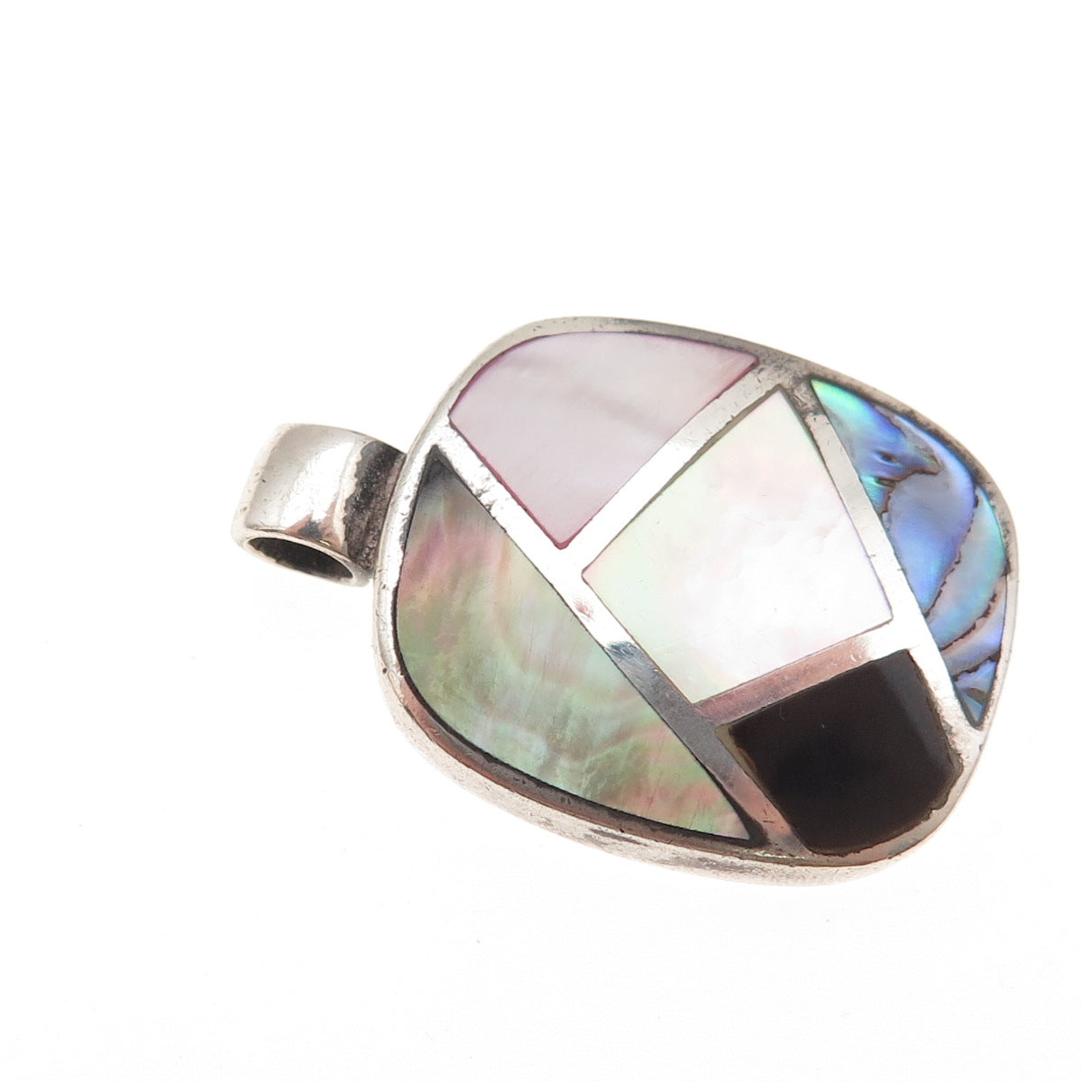 925 Sterling Silver Vintage Real MOP & Abalone Shell Mosaic Charm Pendant