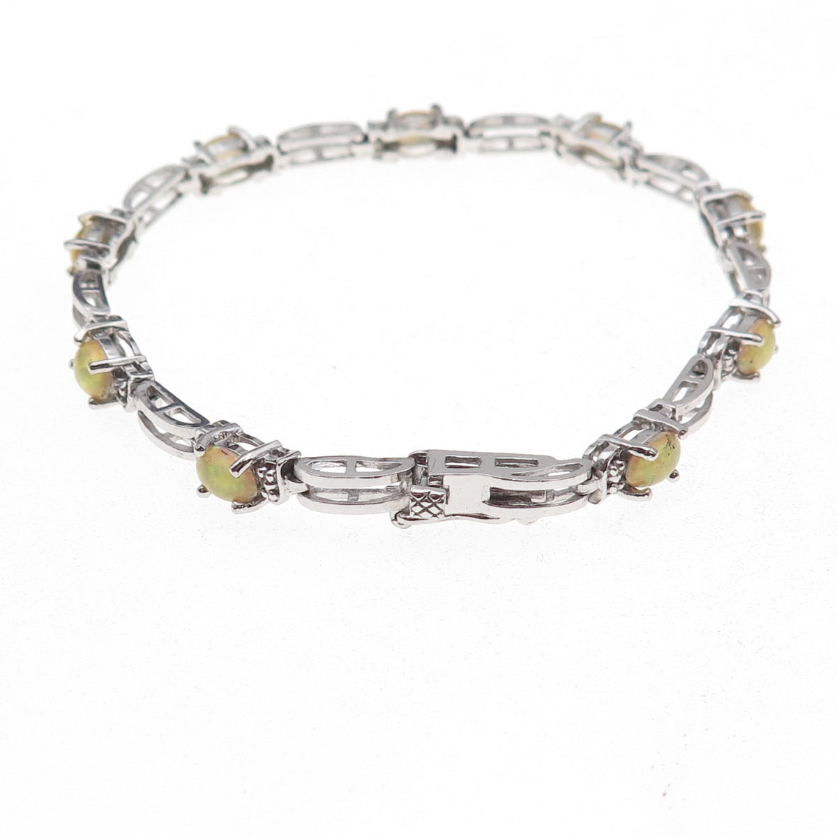 925 Sterling Silver Real Diamond Accent & Opal Bracelet 7"
