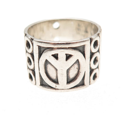 925 Sterling Silver Vintage Peace Symbol Oxidized Wide Band Ring Size 8.75