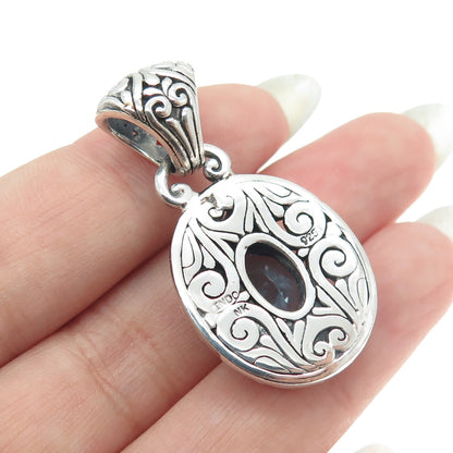 925 Sterling Silver Vintage Real Blue Topaz Gemstone Ornate Pendant