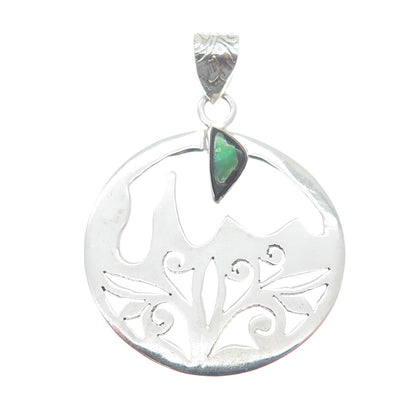 925 Sterling Silver Vintage Real Abalone Shell Lace / Ornate Round Pendant