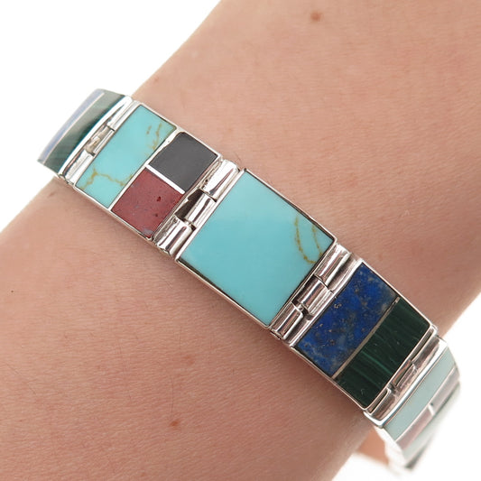 925 Sterling Vintage Real Turquoise Coral Onyx Lapis & Malachite Bracelet 7.5"