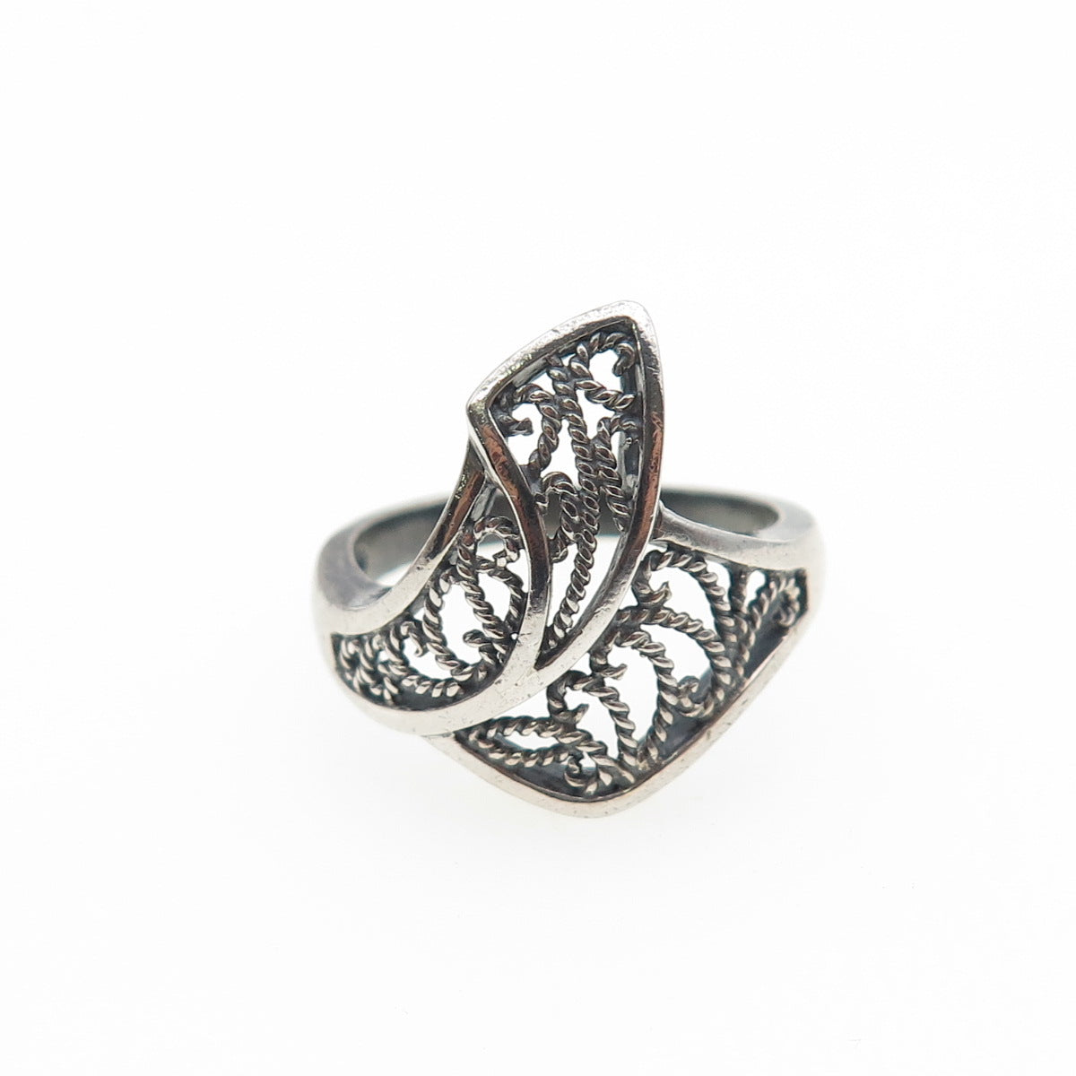 925 Sterling Silver Vintage Modernist Filigree Oxidized Ring Size 7