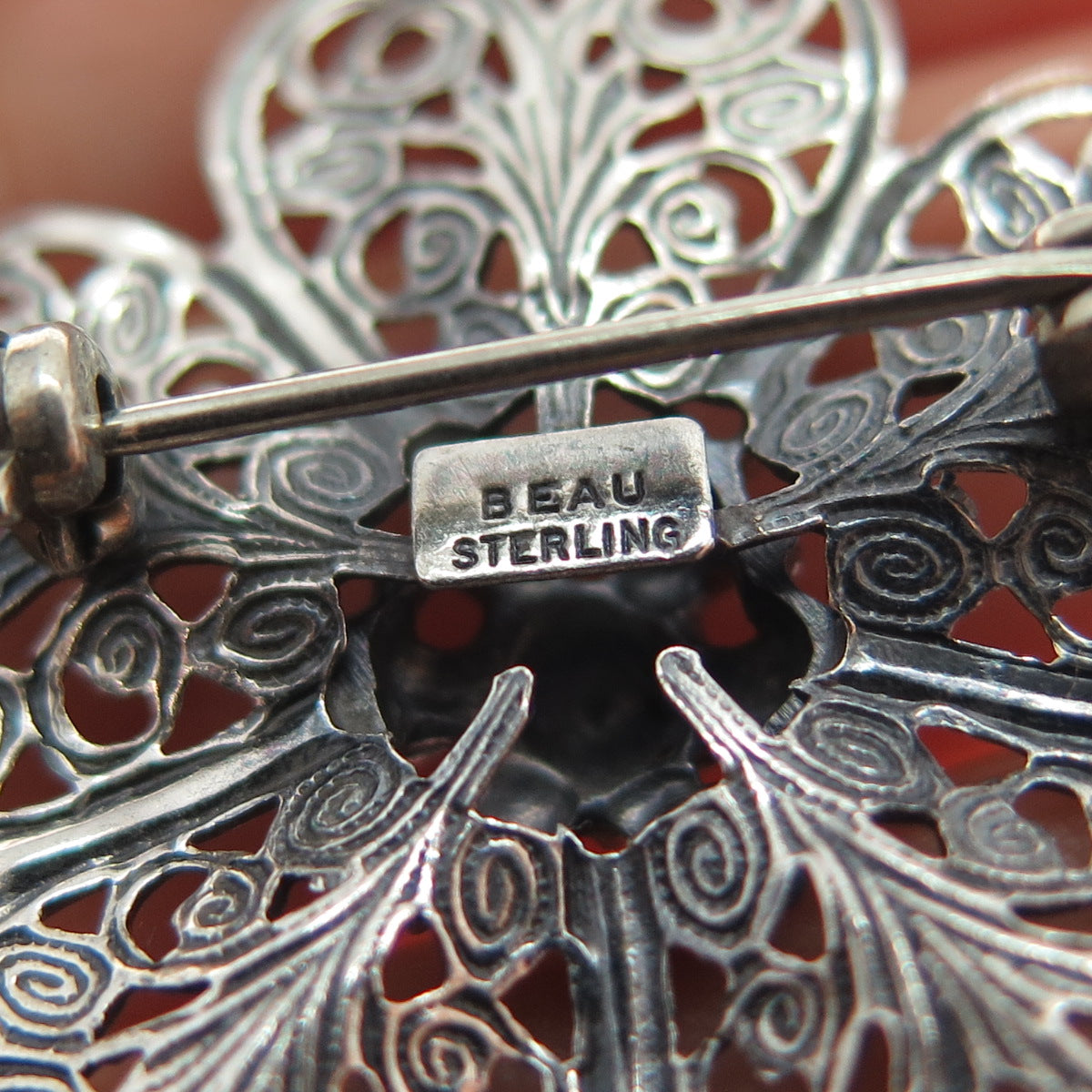 BEAU 925 Sterling Silver Antique Art Deco Flower Filigree Oxidized Pin Brooch