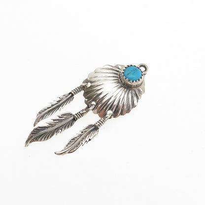 Old Pawn 925 Sterling Silver Vintage Turquoise Snake Eye Feather Tribal Pendant