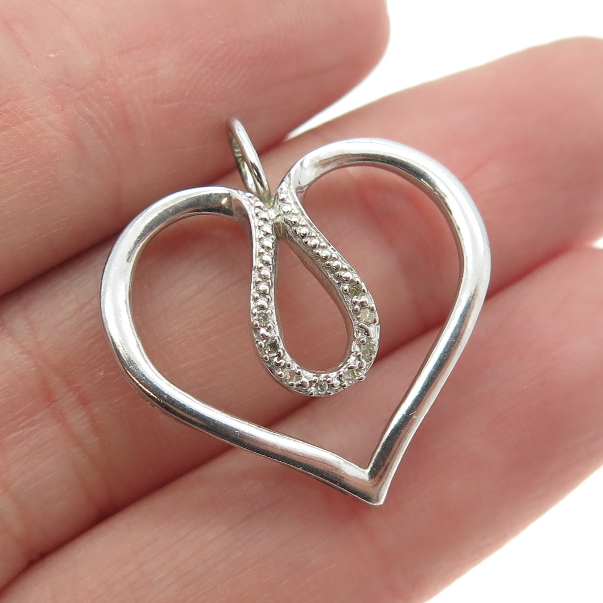 925 Sterling Silver Real Round-Cut Diamond Modernist Heart Pendant