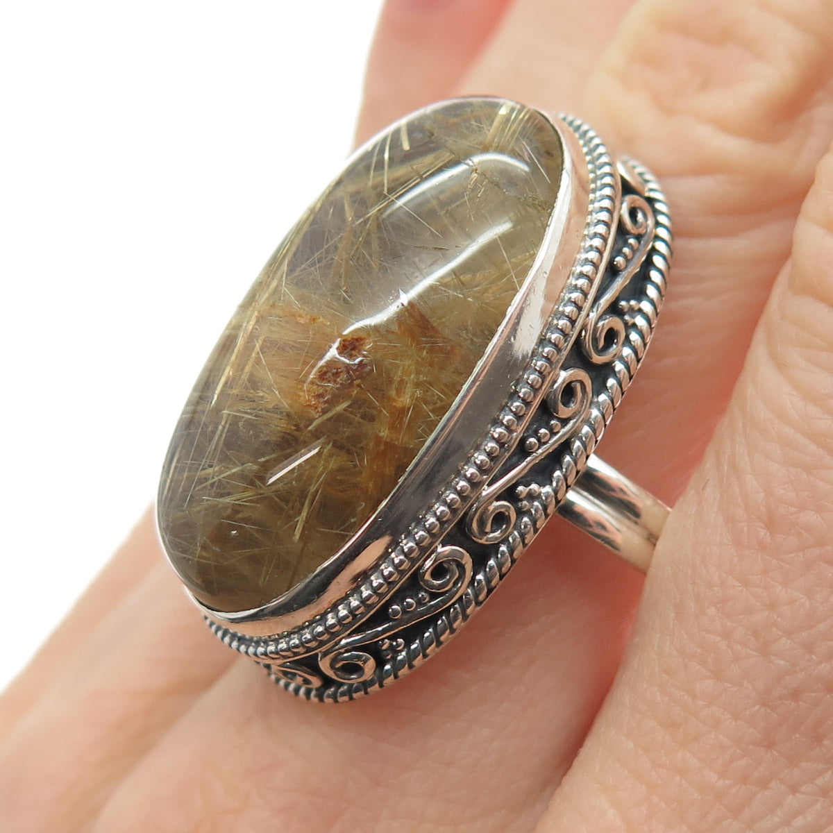 925 Sterling Silver Vintage Real Cabochon Rutilated Quartz Swirl Ring Size 9.5