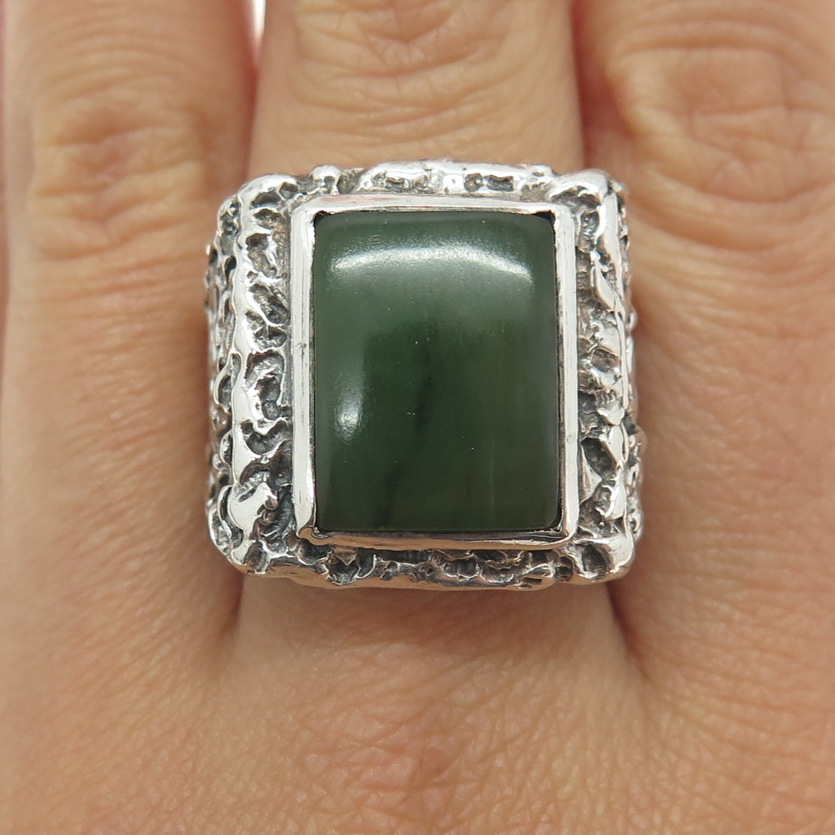 925 Sterling Silver Vintage Real Jade Nugget Ring Size 9