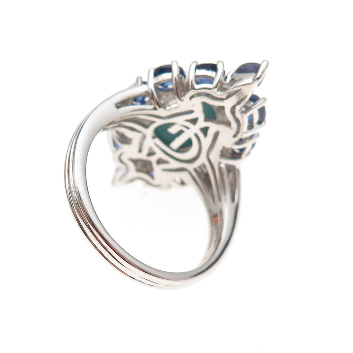 925 Sterling Silver 2-Tone Real Turquoise Sapphire & White Topaz Ring Size 8.25