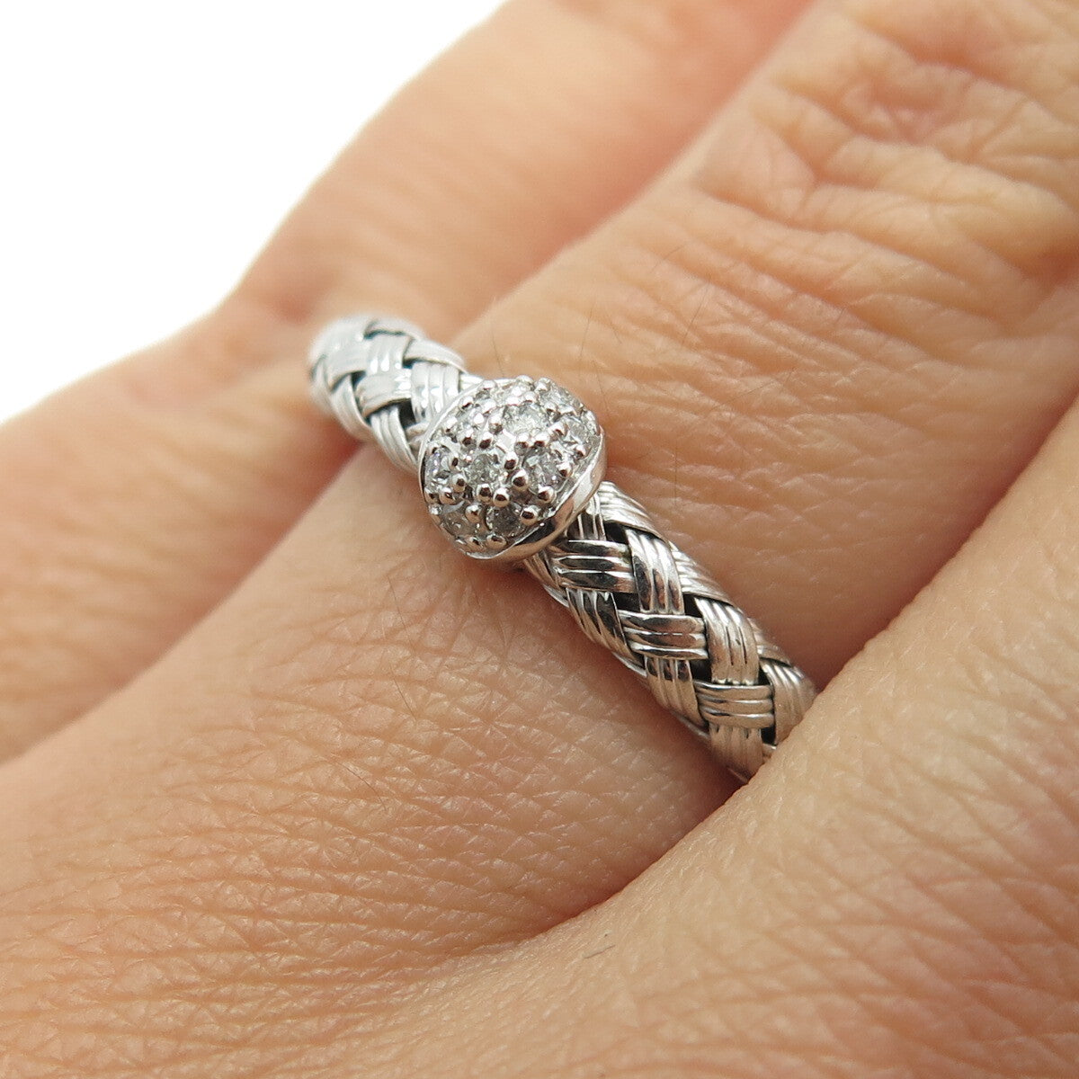 925 Sterling Silver Real Round-Cut Diamond Braided Adjustable Ring Size 4.5