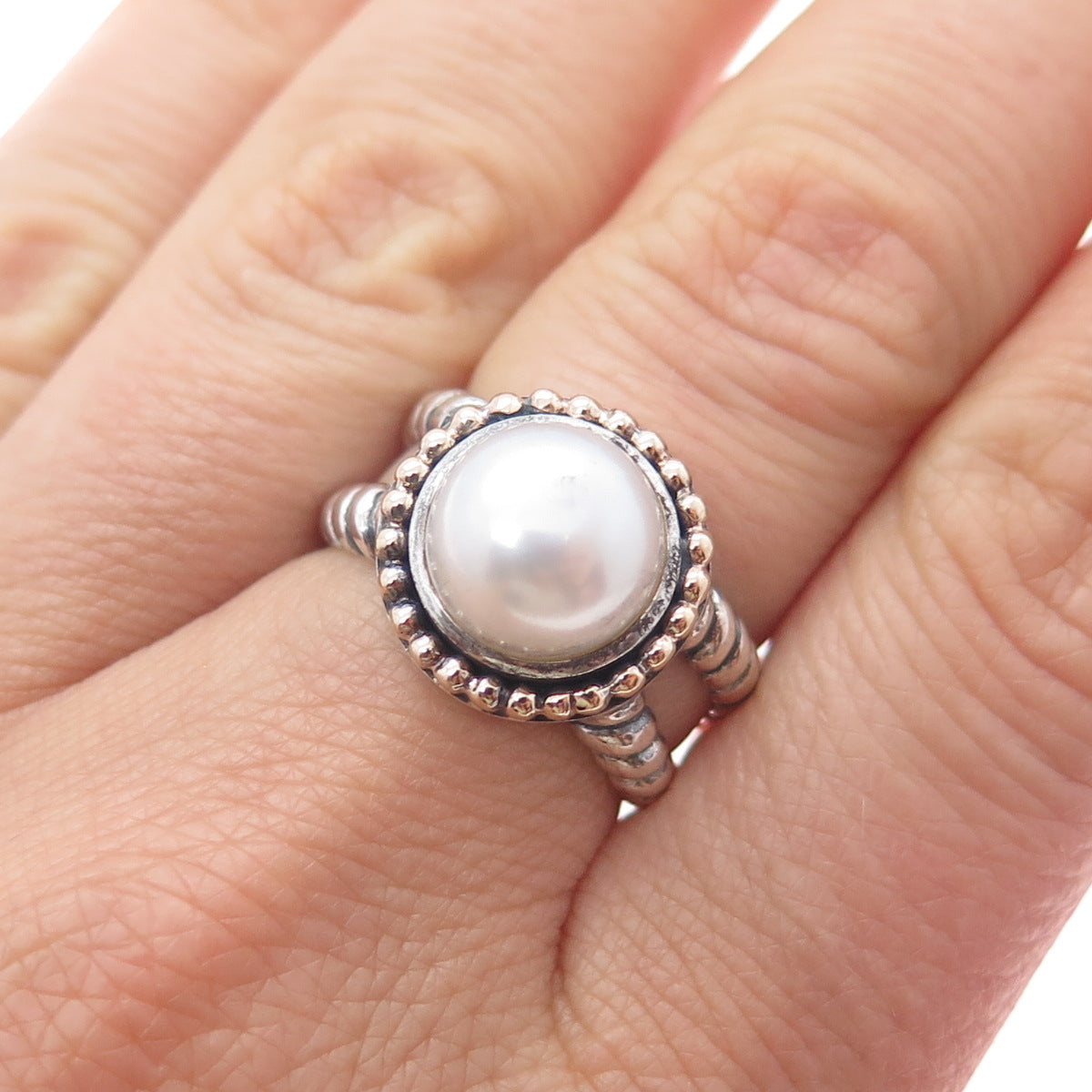 925 Sterling 14K Gold Vintage ATR Real Pearl Beaded Crisscross Ring Size 7.25